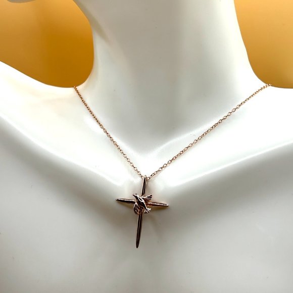 Signed JCM 925 Sterling Silver Rose Gold Vermeil Cross Dove Charm Necklace - Picture 2 of 7